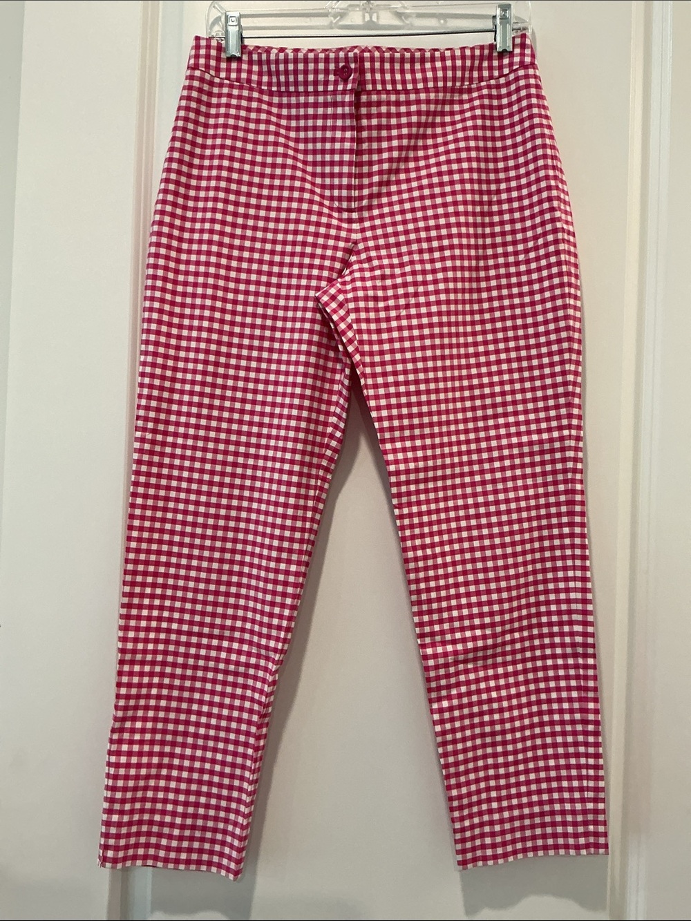 J. McLaughlin Pink & White Gingham Plaid Stretch Ankle Pants